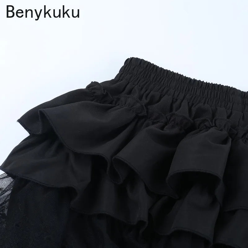 Gothic Punk Girls Kawaii High Waist Shorts Skirts Lolita Vintage Lace Ruffles Shorts Y2k E-girl Black Women Pumpkin Bloomers