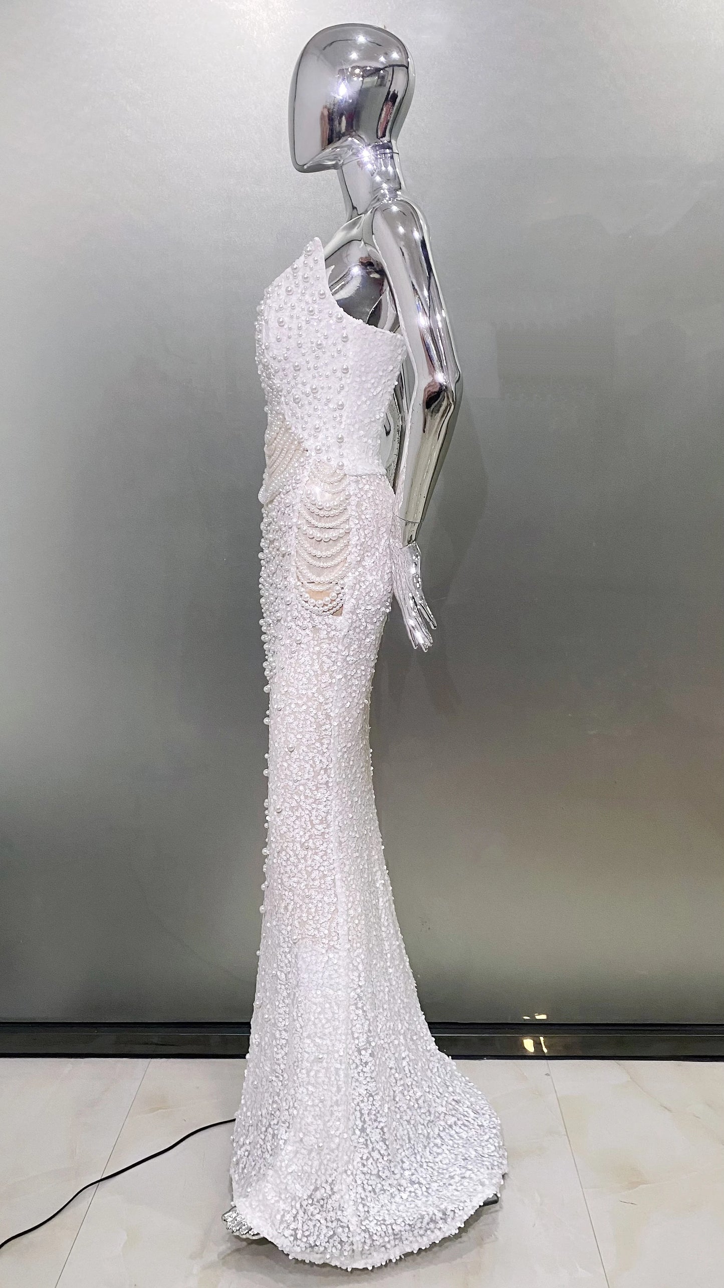 Luxury Pearl String Sexy See Through White Sequins Long Dress Elegant Woman Wedding Party Dress Red Carpet Goddess Vestido