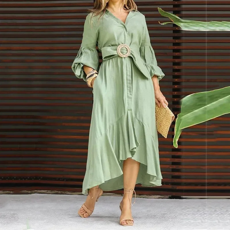 Elegant Dresses for Women Fashion Solid Lantern Sleeve Ruffle Hem Pocket Design Belt Maxi Dress Office Ladies Temperament Dress
