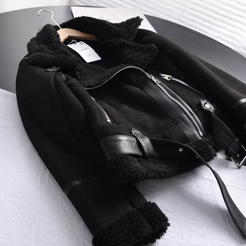 Winter Women Thick Warm Suede Lamb Jacket Short Motorcycle Brown Coats Faux Shearling Sheepskin Leather Jackets Outwear