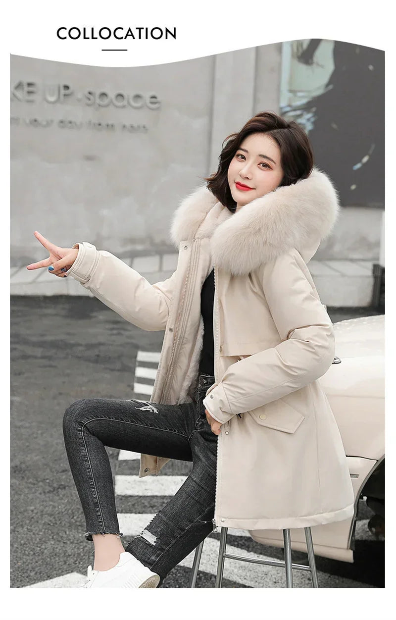 Winter Coat Low Price On Sale Women Beige Add Wool Thick Warmth Fur Hooded Parkas Jacket 2026 New Fashion Belt Slim Cotton Coat
