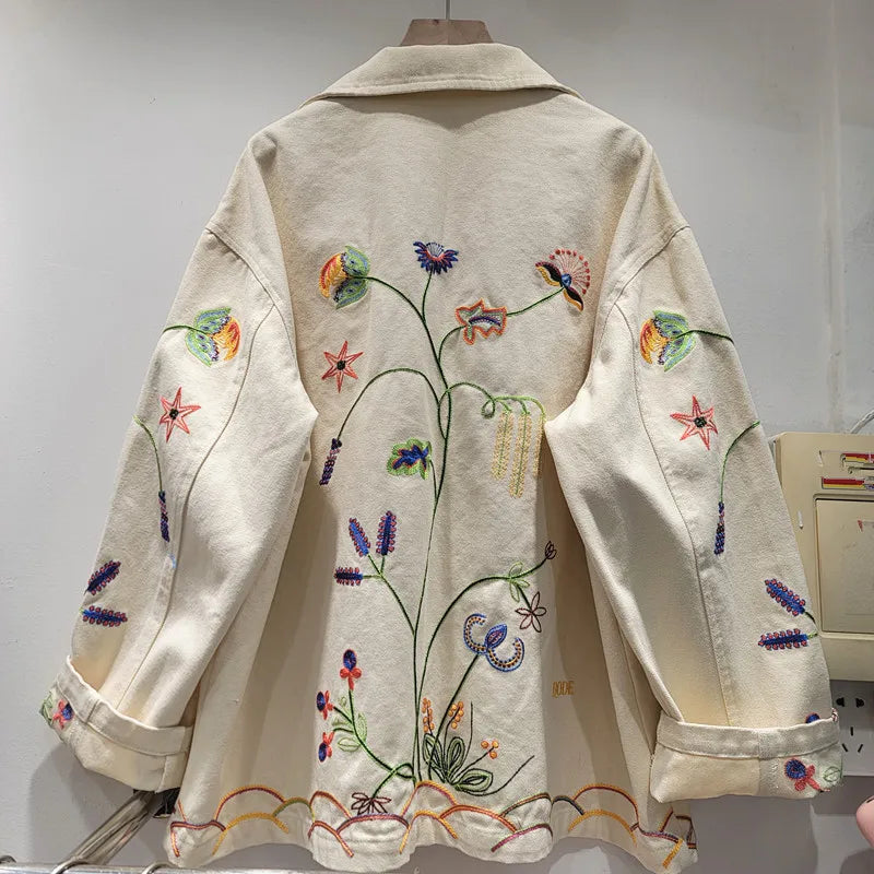 DEAT Women's Denim Coat Turn-down Collar Flower Embroidery Design Pocket Single Breasted Jackets 2026 Spring New 29A6164