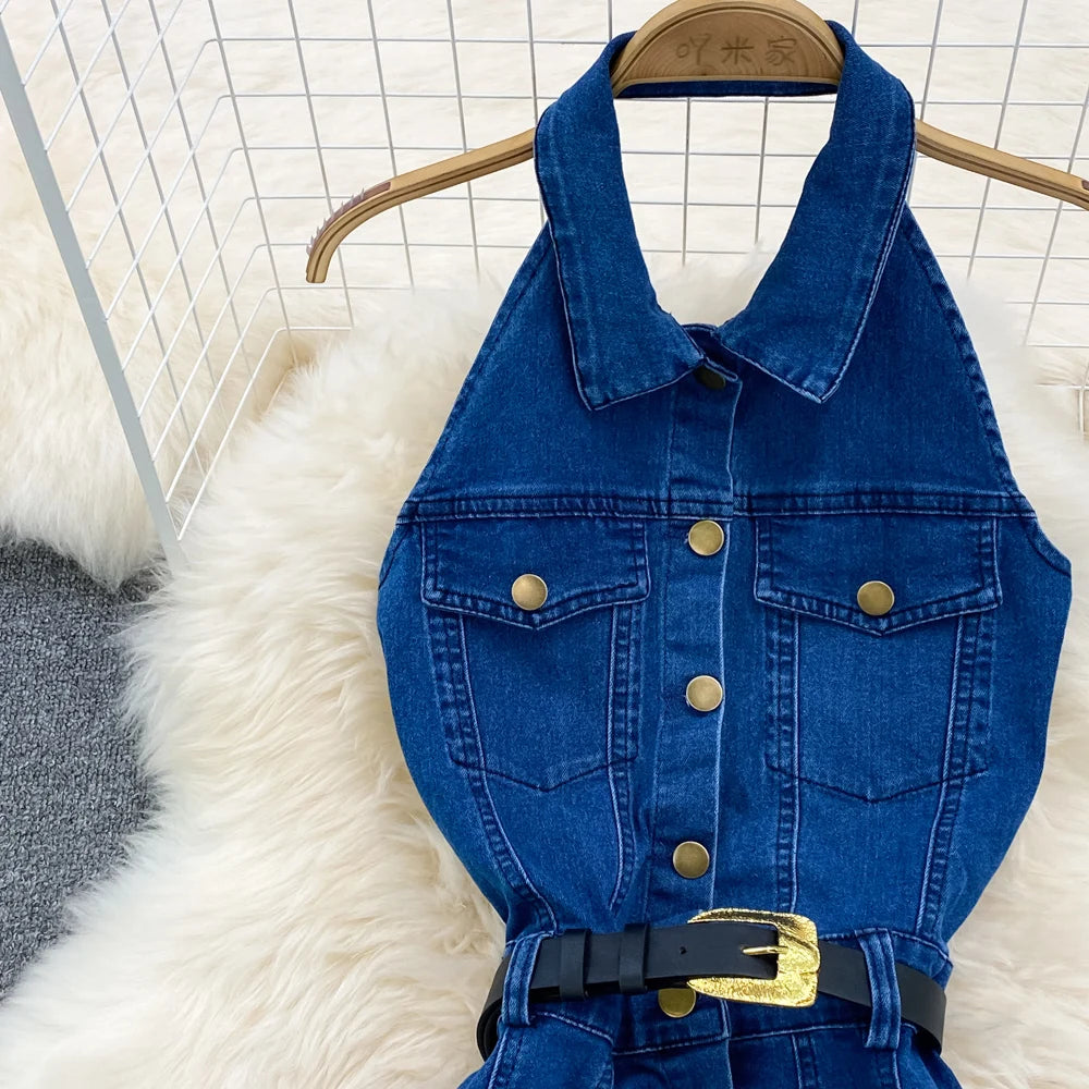 Denim Dress Women Sexy Long Dresses Vintage Vestidos A Line Sleeveless Backless Single Breasted Pockets 2025 Summer Sundress
