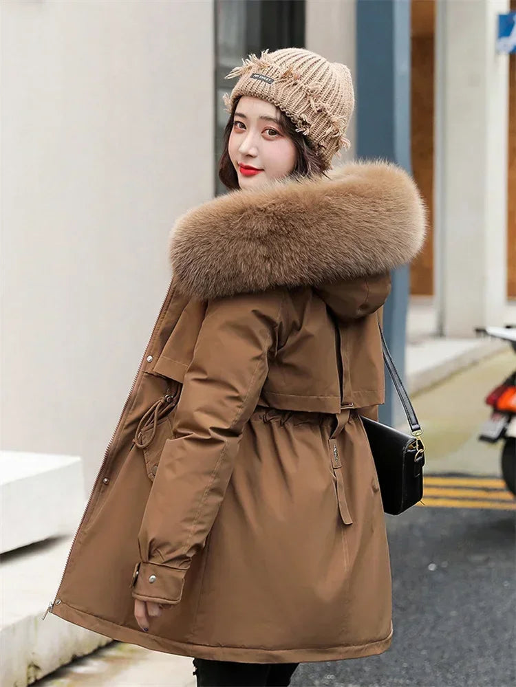 Winter Coat Low Price On Sale Women Beige Add Wool Thick Warmth Fur Hooded Parkas Jacket 2026 New Fashion Belt Slim Cotton Coat