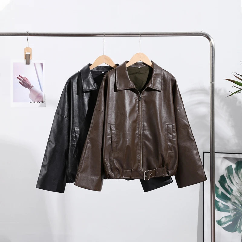 Casual Lapel Zipper Waist Belt Short Leather Jacket 2026 Women Loose Solid Pocket Pu Coat Autumn Lady Daily Highstreet Jackets
