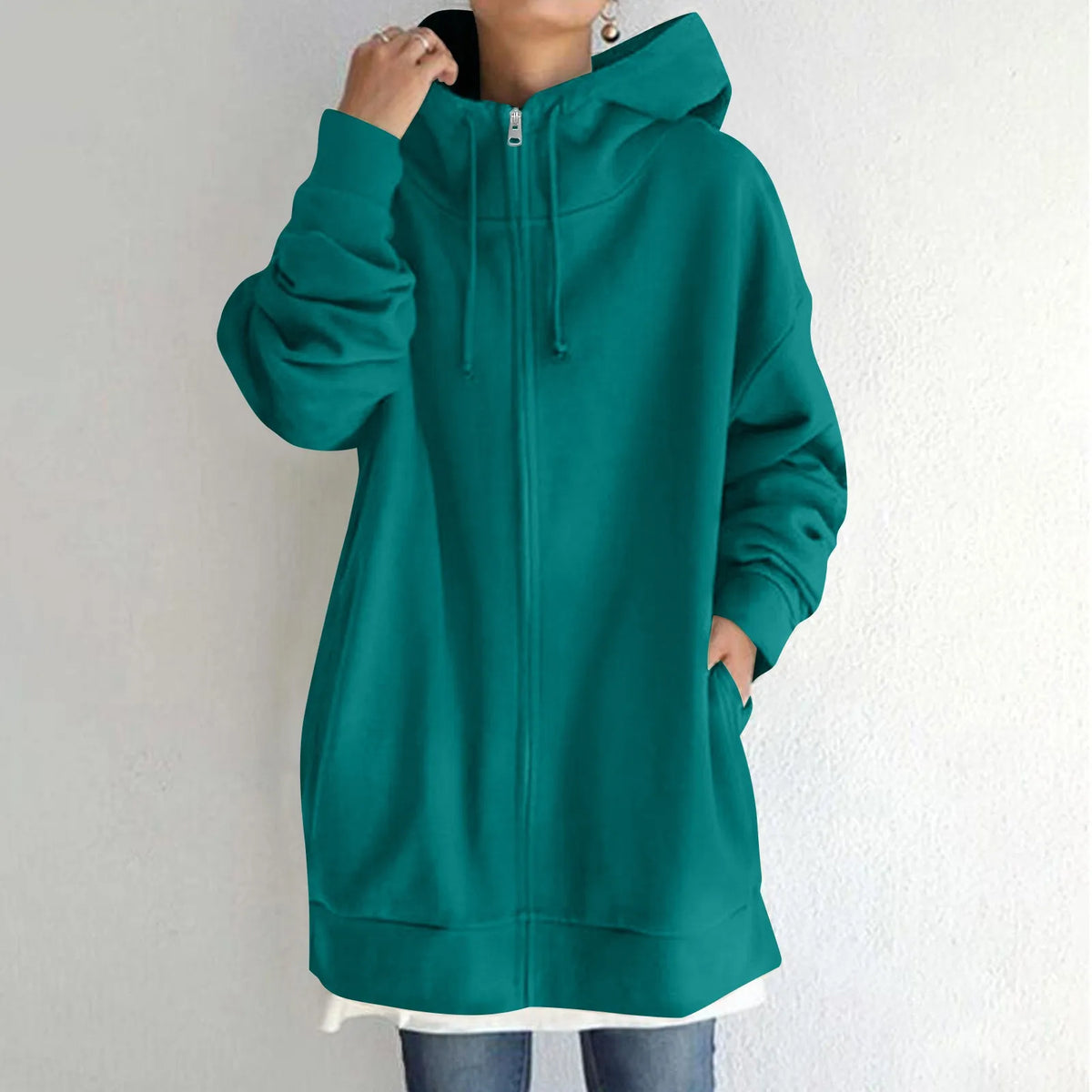 Plus Size Long Hoodies Tunic Fashion Long Sweatshirts Solid Color Fleece Knitted Zip Up Jackets With Pockets For Women