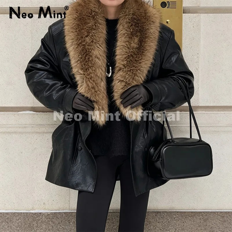 Neo Mint Luxury Brand Fashion Design Black Long Faux Leather Coat Women Detachable Fur Collar Oversized PU Leather Jacket Blazer