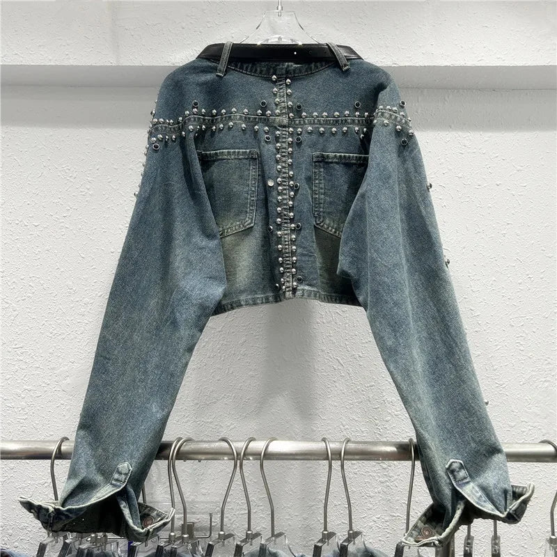 Women Denim Jacket Rivet Short Coat Sashes Pockets Jackets Distressed Streetwear Female Spring 2026 Washed Vintage Outerwear