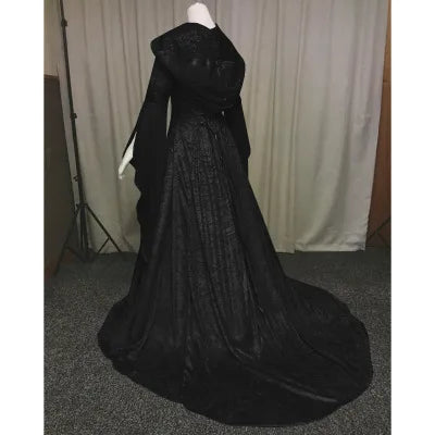 Women Deluxe Witch Dress Medieval Renaissance Maxi Train Dress Halloween Devil Pagan Witch Wedding Cos Costume Hooded Gown Robe