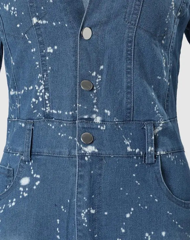 Women's Dresses 2023 Spring Fashion Ink Splash Ripped Raw Hem Button Front Casual Turn-Down Collar Long Sleeve Mini Denim Dress