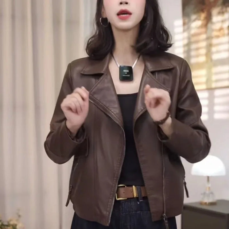 2026 Fashion Autumn PU Leather Jacket Women New Short Leather Coat Retro Lapel Sweet Motorcycle Outerwear Ladies Overcoat Top