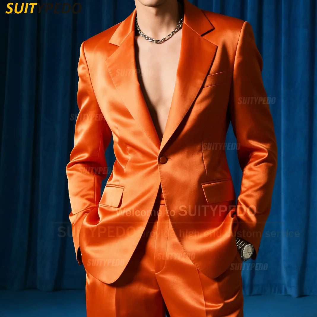 Fashion Royal Blue Satin Party Prom Men's Suit Sets 2 Pcs Blazer And Pants Brief Solid One Button Notch Lapel  Homme Costumes