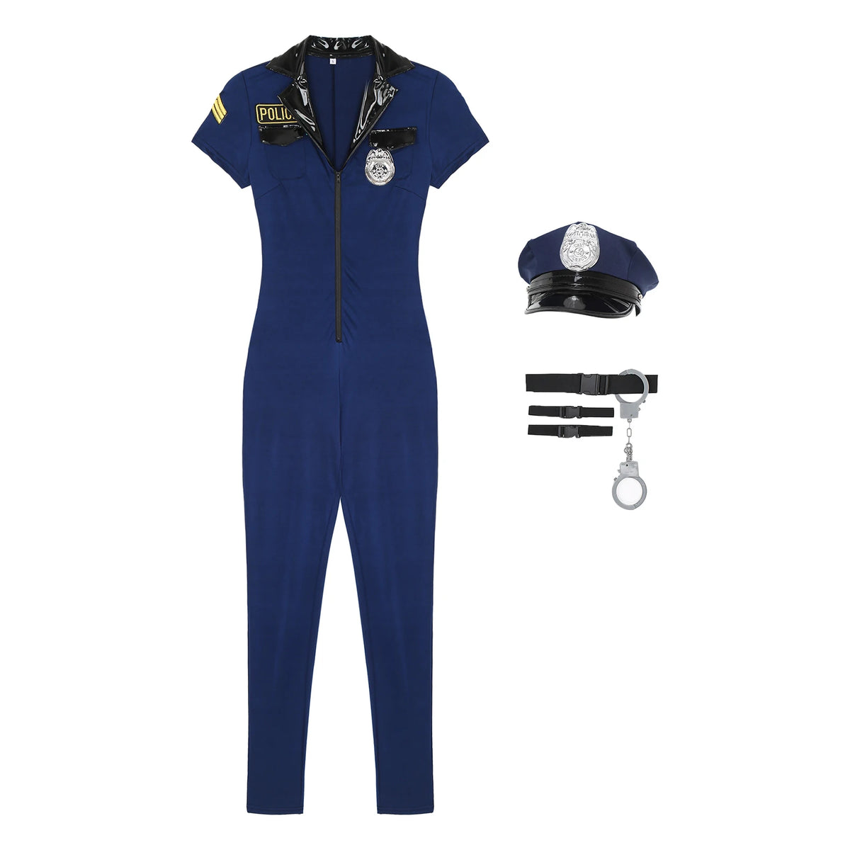 Mens Police Uniform Cosplay Outfits 7-Piece Dirty Cop Officer Costumes Front Zipper Role Play Jumpsuit Hat Belt Manacles Badge