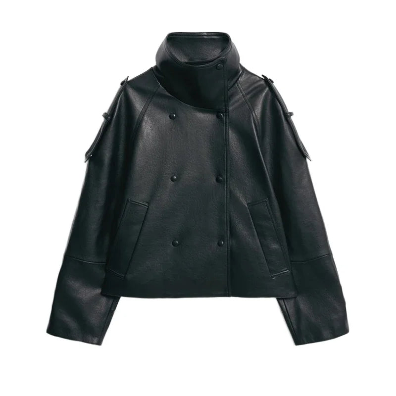 Street Black Women's Leather Jacket Autumn High Neck Double Breasted Full Sleeve Jackets 2026 Winter Lady Fashion Outwears