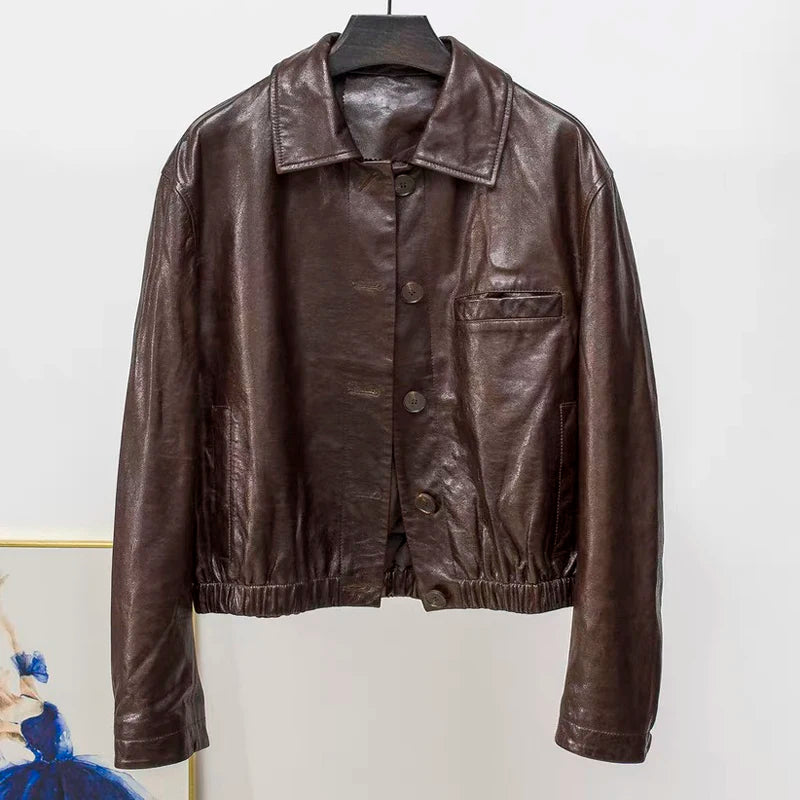Advanced Oil Wax Leather Jacket for Women Autumn Winter Female 100% Lambskin Square Neck Elastic Waist  Loose Coat Vestes Femmes