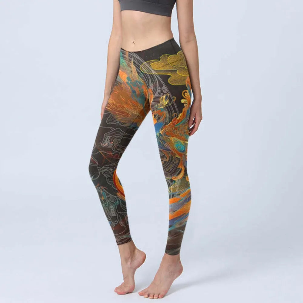 Women High Waisted Yoga Pants Tummy Control Leggings Floral Butterfly Landscape Printed Workout Gym Fitness Running Tight Pants