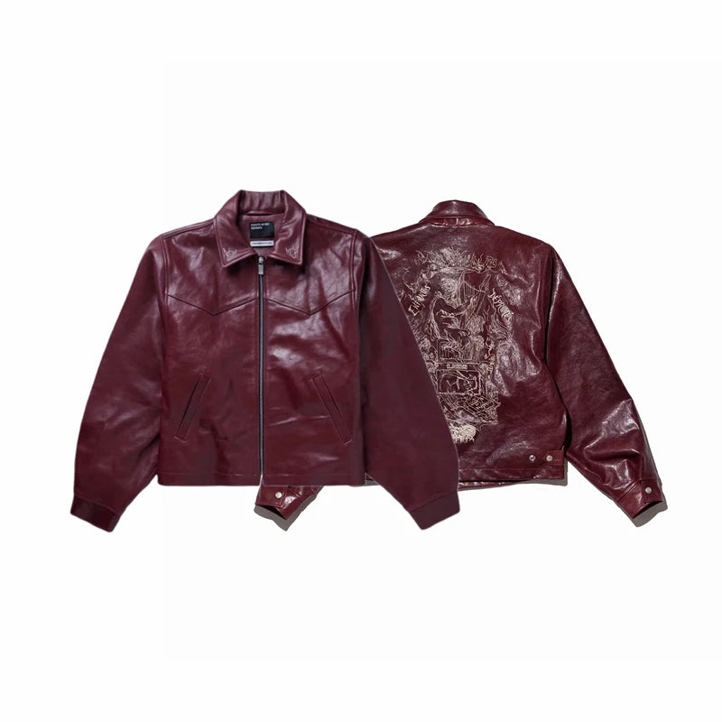 2026ss Embroidered Printed Leather Jacket High-quality Burgundy Loose Casual High Street Men's Women's Jackets