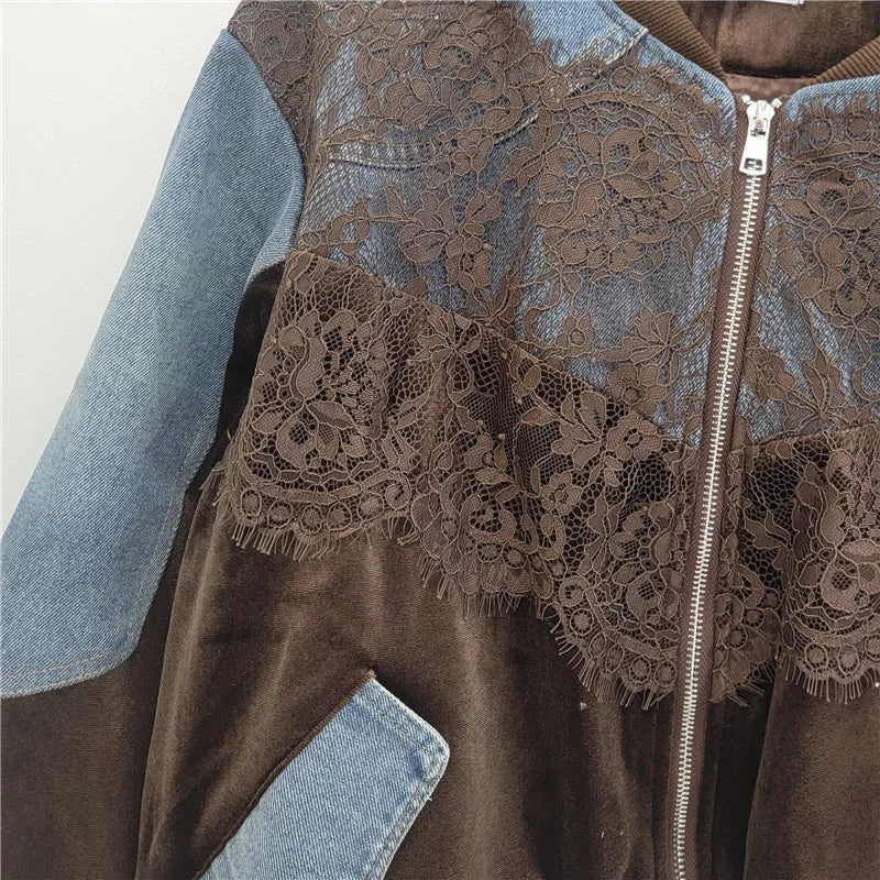 Spring New Fashion Stitched Lace Loose Velvet Denim Jacket Trendy Personality Street Casual Versatile Baseball Jackets Women