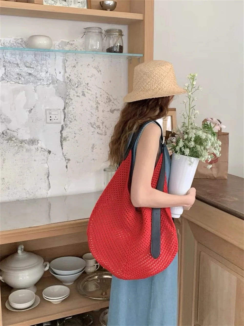 Lattice Large Capacity Woven Bag 2025 Spring Summer New Women's Beach Vacation Single Shoulder Simple Versatile Casual Tote Bags