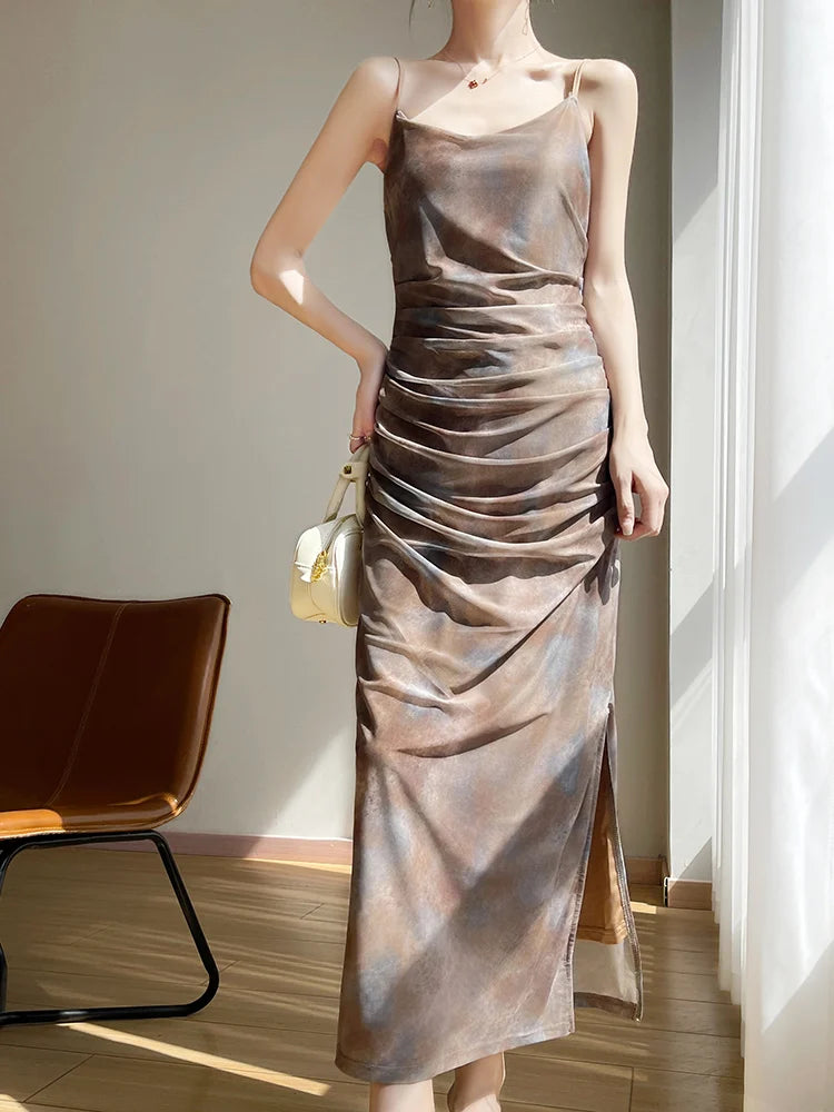 Ele Printed Me Split Dr Women's Summer Vintage A-Line Midi Dr Body-a Light Mature Sle TING