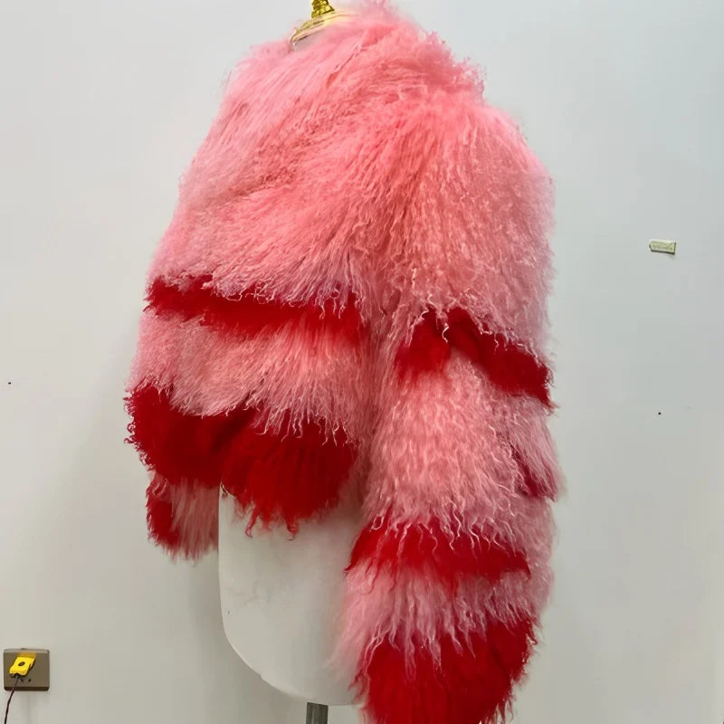 Aulande New Women Winter 100% Real Fur Mongolian Sheepskin Coats Short  40 CM Standing Coller Fashion High Quality Sheep Jacket