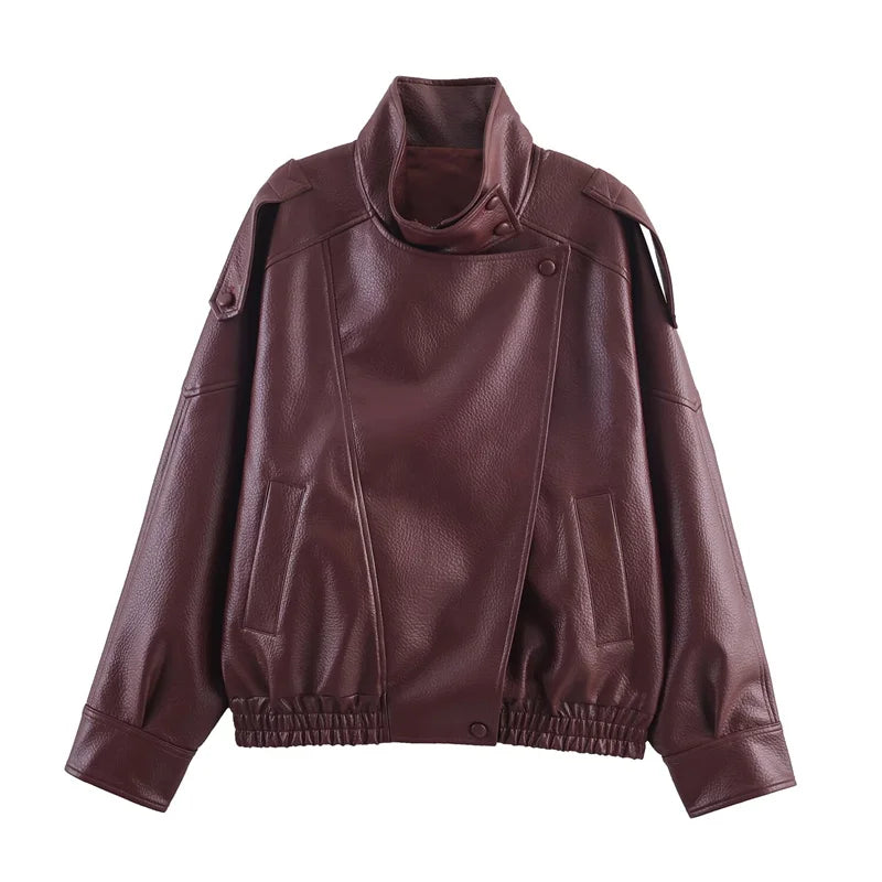 Women's 2026 Autumn New Classic Commuter Style Black Long Sleeve Pebble Faux Leather Motorcycle Fashion Jacket