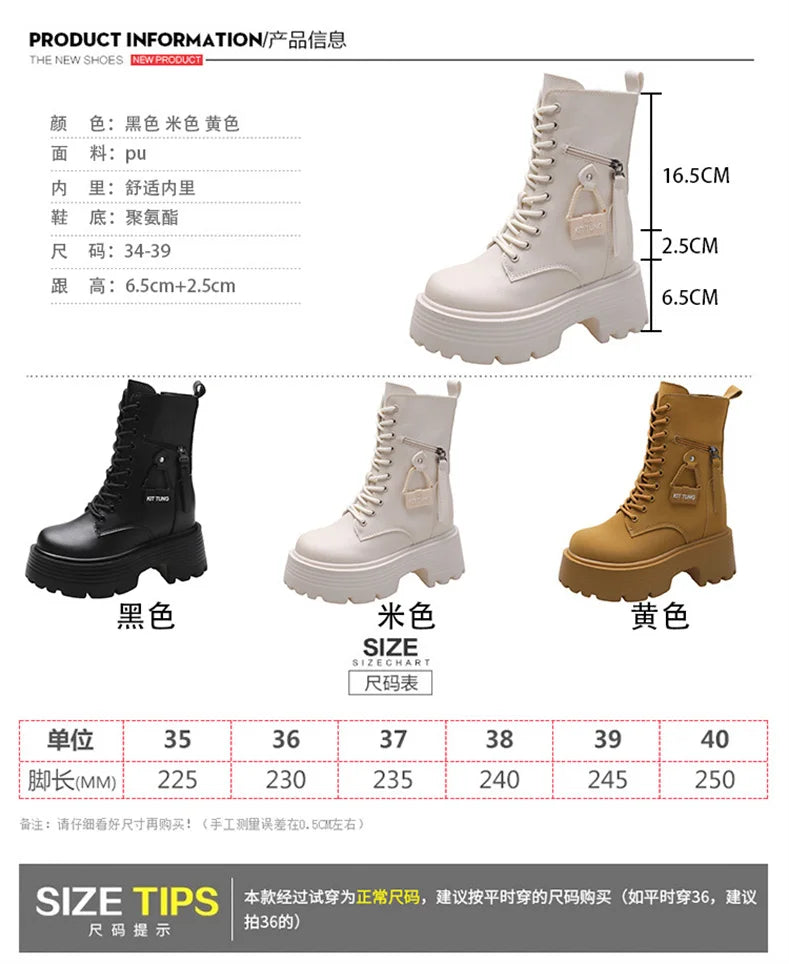 New 2023 Autumn Platform Mid-calf Boots  Women Thick Sole Winter Leather Punk Shoes Chunky Motorcycle Boots Woman