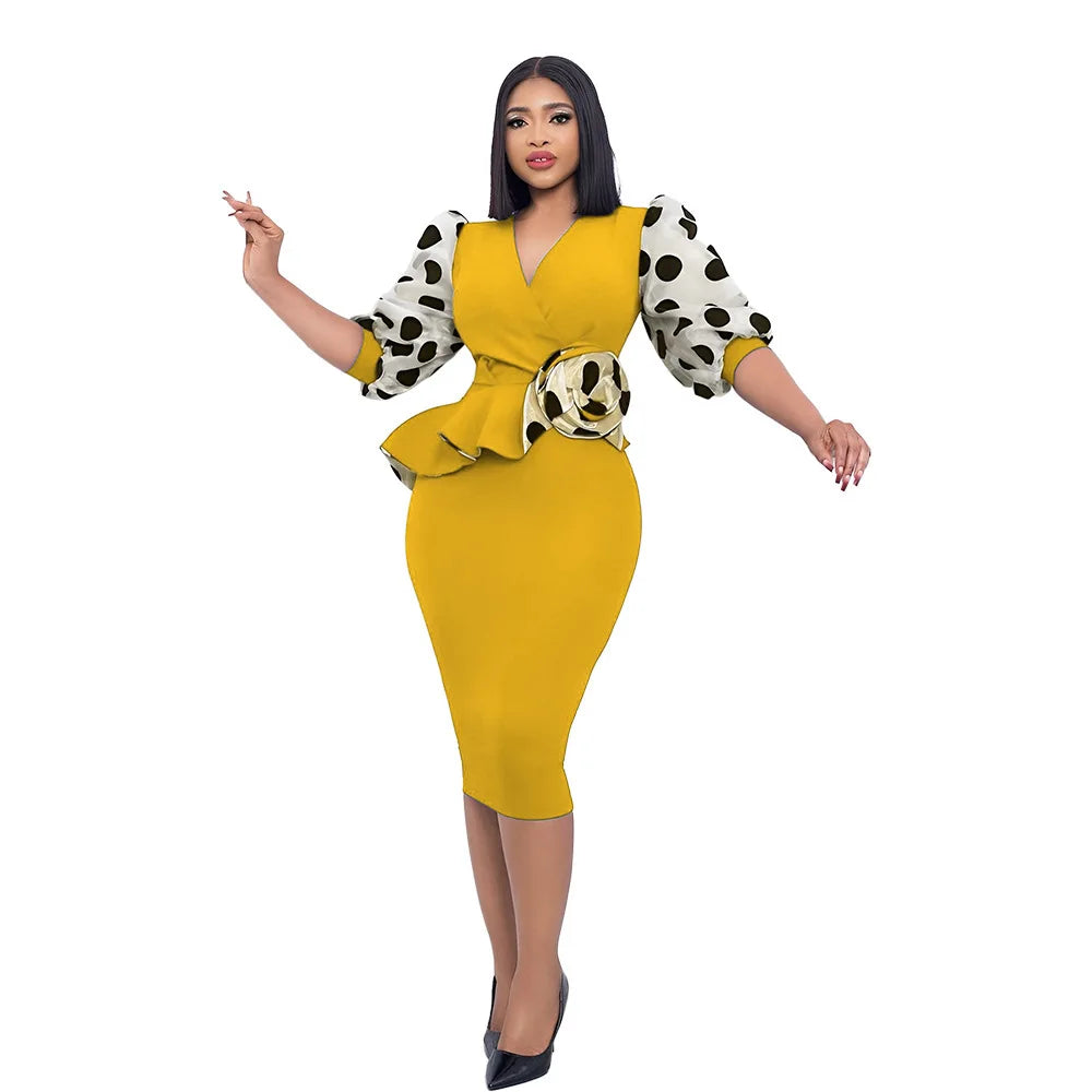 Elegant Dot Mesh Stitching V-neck Puff Sleeve Floral Appliques Bodycon Dress Women Ruffles Waist OL Even Party Dresses Vestidos