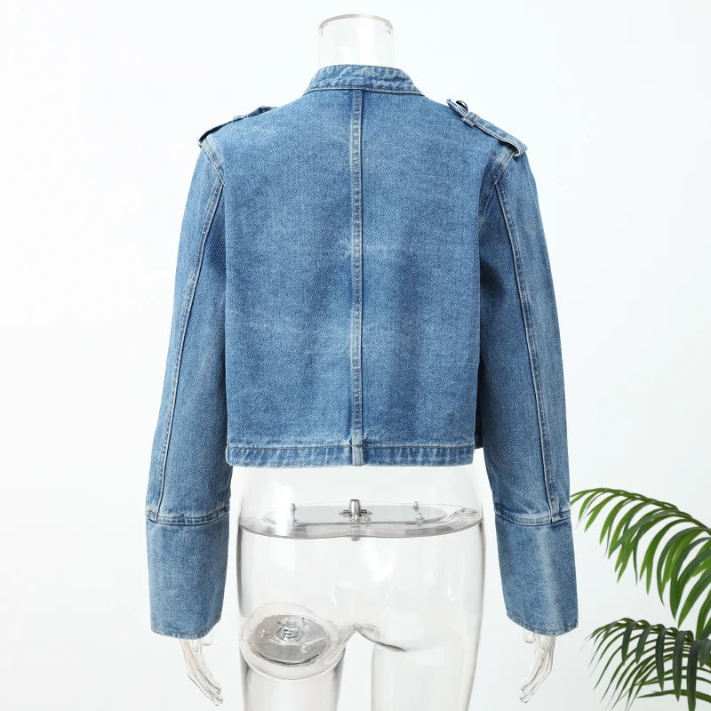 Vintage Denim Military Jacket Women Retro Solid Round Neck Single Breasted Slim Short Jackets 2026 Lady Daily Street Outerwears