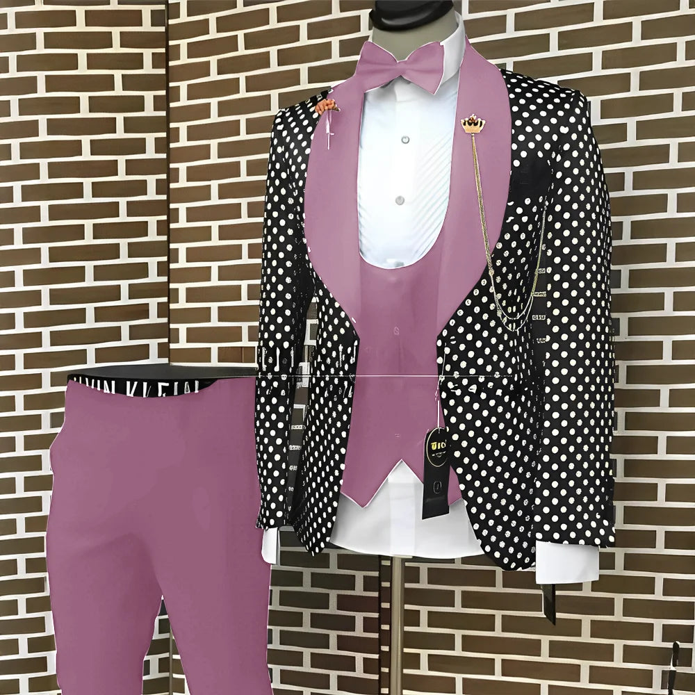 Spotted Men's Suit 3 Piece Set Wedding Groom Tuxedo Custom Slim Fit Blazer Pants Vest Men's Elegant Suit
