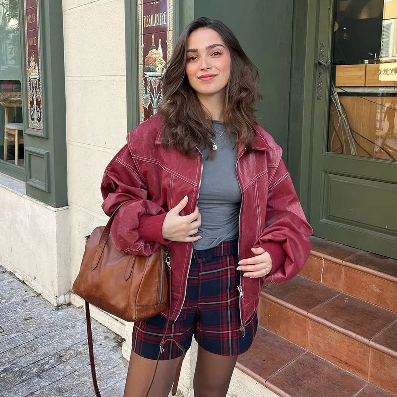 Women Stand Collar Leather Pilot Jacket Red Zipper Cropped Coat Fashion Casual Fashion Outerwear 2026 New Arrival Streetwear
