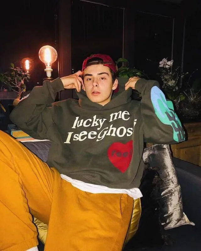 Harajuku Weirdo Graffiti Letter Printed Hoodies Men 2025 Lucky Me I See Ghosts Mens Hooded Sweatshirt Fleece Pullover Streetwear