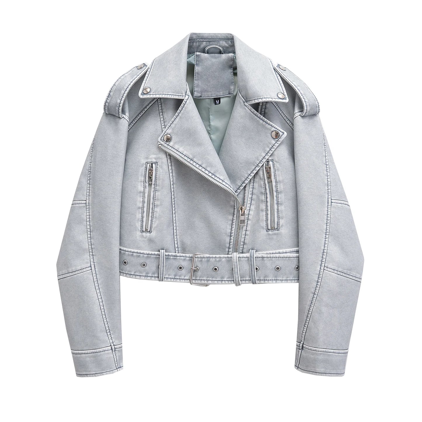 Women Autumn Winter Loose Gray PU Faux Leather Short Jackets Belt Female High Street Zipper Retro Moto Biker Coats Outwear XS-XL