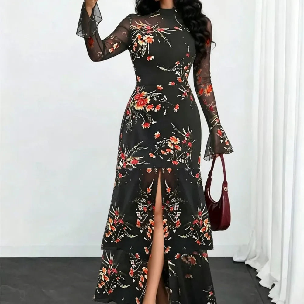 2026 Long Sleeves Evening Dress Dresses For Woman Party Wedding Temperament Sexy Slim Banquet Slit Printed Fashion Ruffles Slim