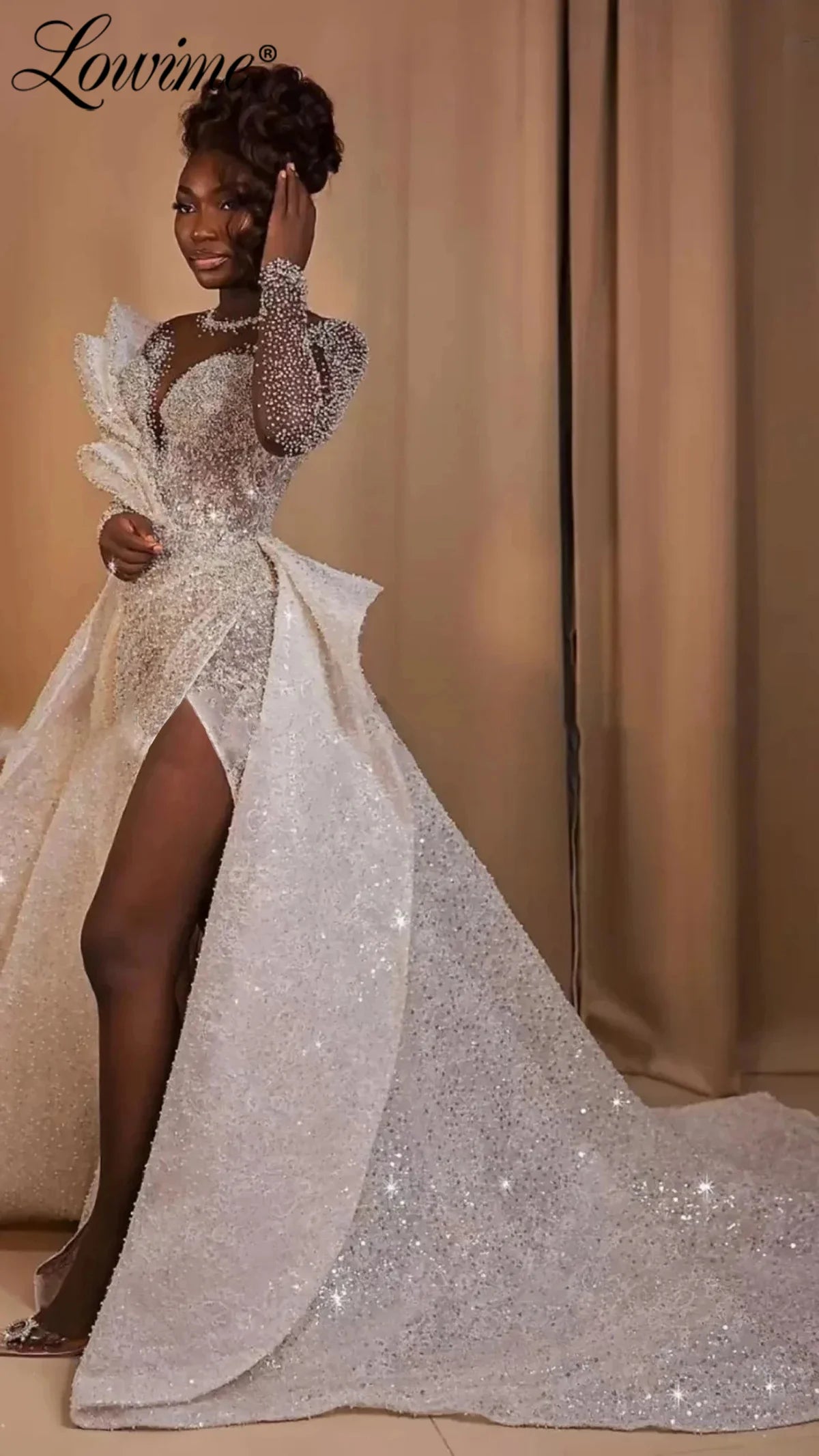 African Wedding Dresses Long Sleeves Sheer Net Mermaid Bridal Gowns 2024 Customized Plus Size Bride Dress With Detachable Train