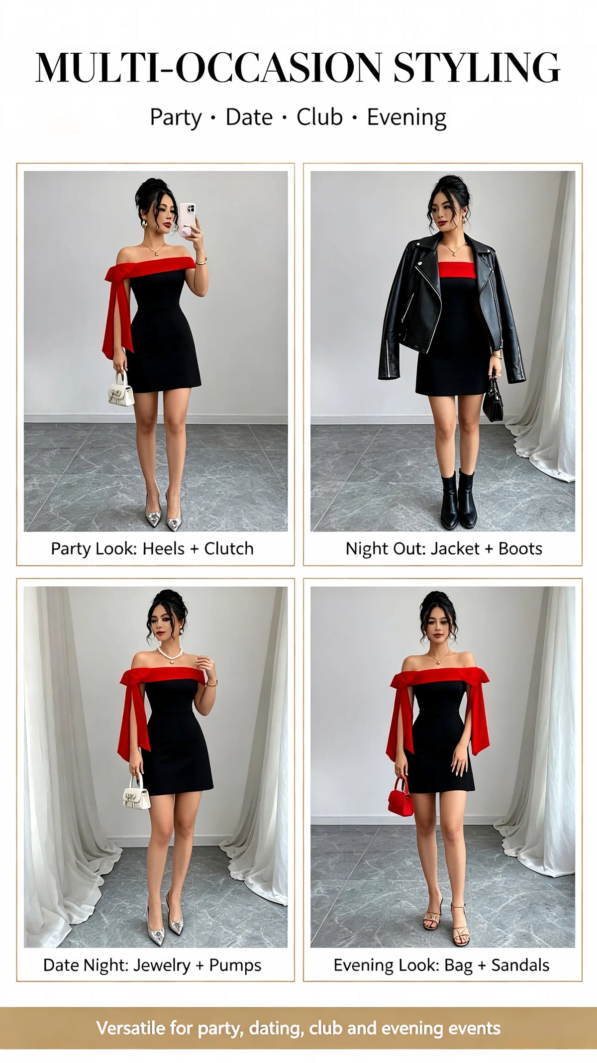 Women Off Shoulder Mini Dress Red Big Bow Spliced Bodycon Short Dresses Elegant Slim Fit Black Little Dress Night Club Party Birthday Outfits Evening Gown