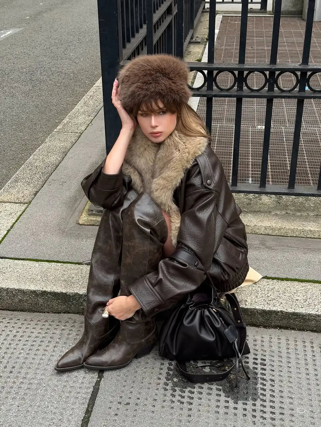 Women Collar Faux Fur Leather Jacket Pebbled Pu Cropped Coat Double Breasted Epaulet Loose Vintage  2026 Autumn Trendy Outerwear