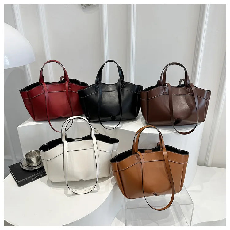 Solid Color Soft Leather Handbag Women Single Shoulder Tote Bag, Large Capacity Commuting Set Handbags Shopping Cross Body Bags