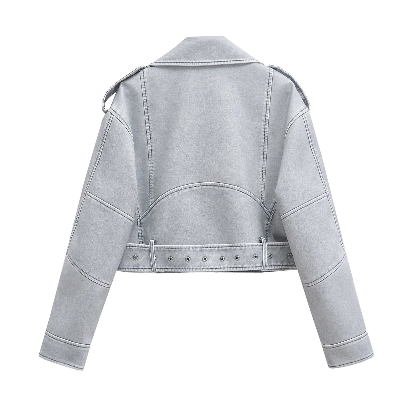 Women Autumn Winter Loose Gray PU Faux Leather Short Jackets Belt Female High Street Zipper Retro Moto Biker Coats Outwear XS-XL