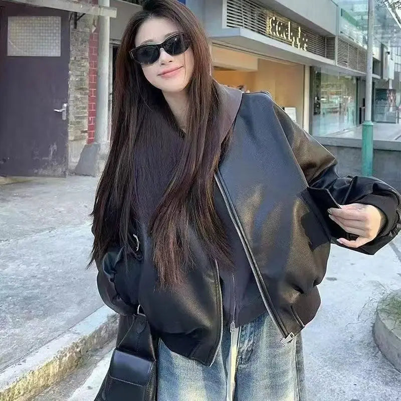 Black Short Baseball Jacket Leather Jacket Women's 2026 Spring New Pu Leather Cool Sa Style Retro Loose Locomotive Clothing