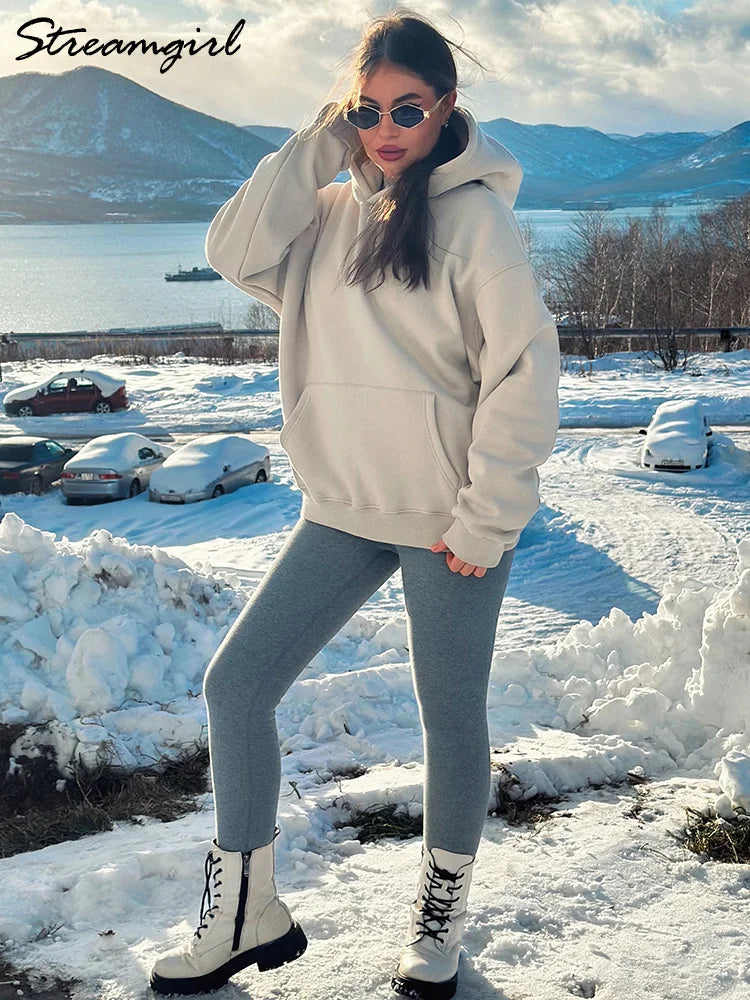 Winter Warm Hoodies Oversized For Women With Fleece Inside Yellow Thick Sweatshirts With Hooded Women Pink Hoodies Velvet Winter
