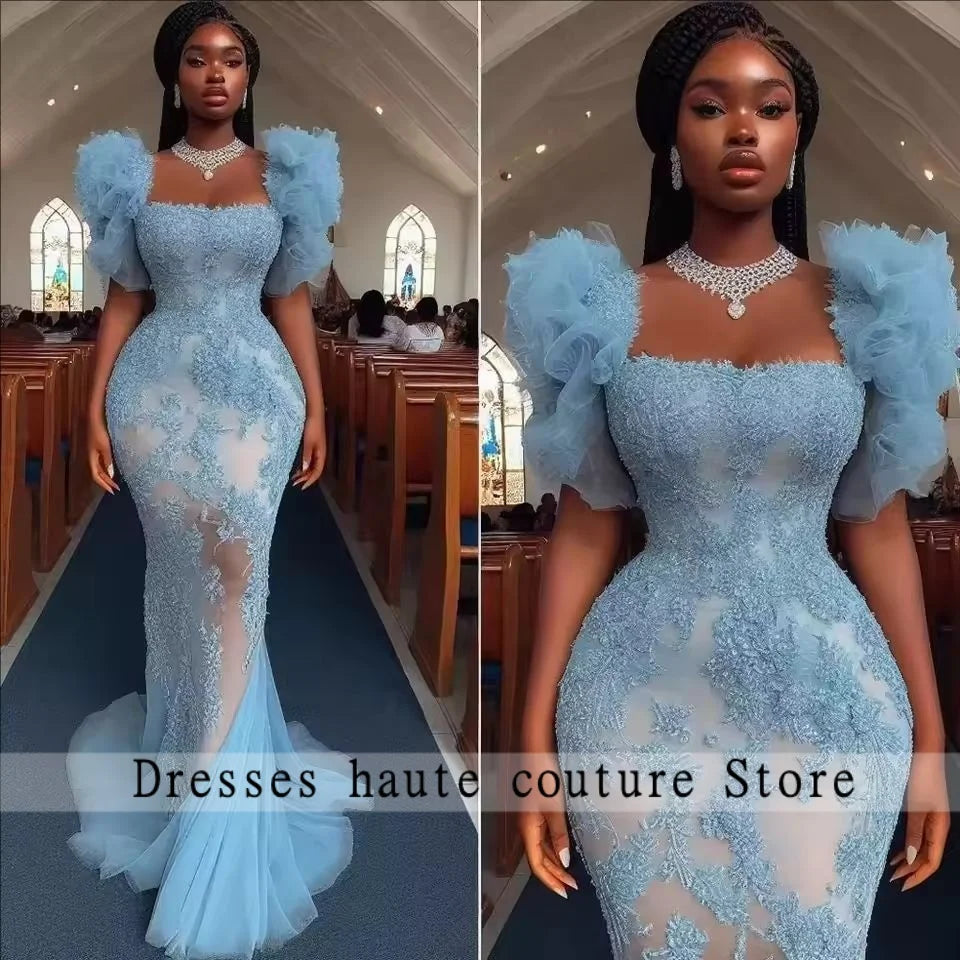 New Popular Blue Lace African Evening Dresses 2025 Aso Ebi Wedding Party Dress Bridesmaid Gown Women Formal Dress Customized