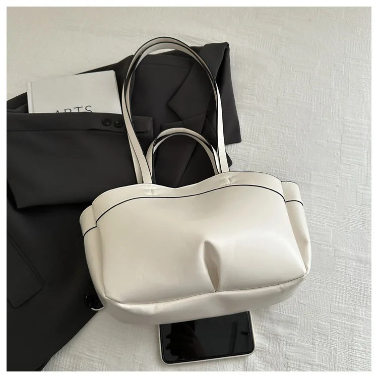 Solid Color Soft Leather Handbag Women Single Shoulder Tote Bag, Large Capacity Commuting Set Handbags Shopping Cross Body Bags