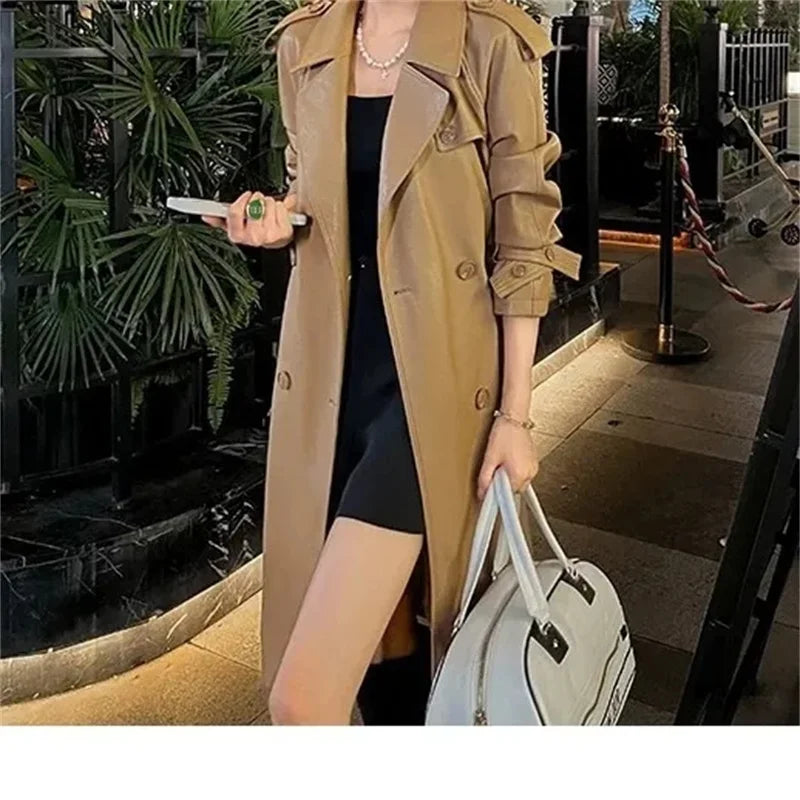 Womens Autumn Classic Double Breasted Long Trench Jacket with Belt Female PU Leather Jacket Lapels Windbreaker Winter Coat for W