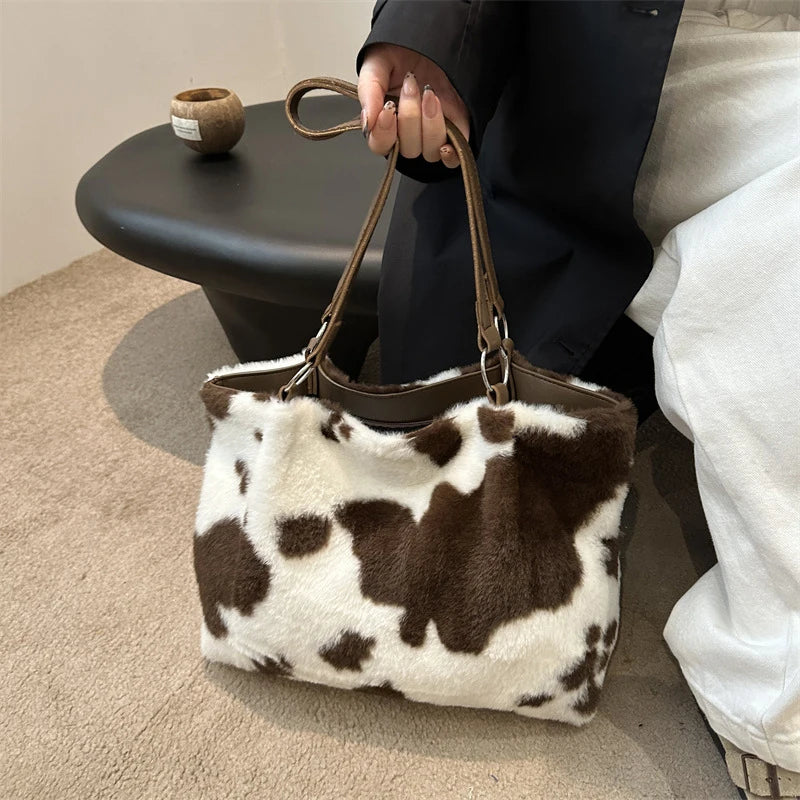 Cow Pattern Plush Shoulder Bag for Women Winter Fashion Purse Handbags Soft Warm Fur Female Casual Messenger Bags