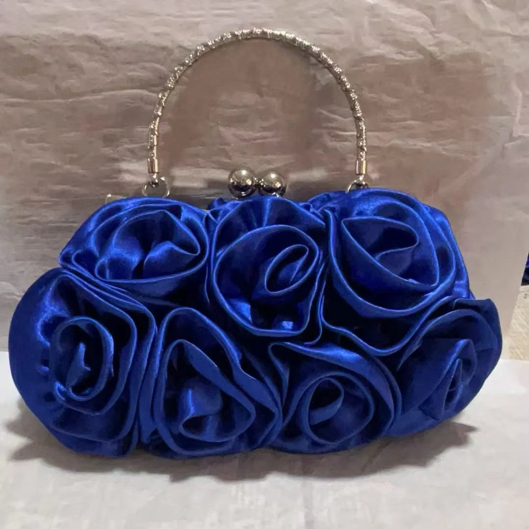 Satin Flower Clutch Bags For Women Banquet Party Evening Bags Metal Handbags Retro Blue Silver Black Chain Shoulder Bag female