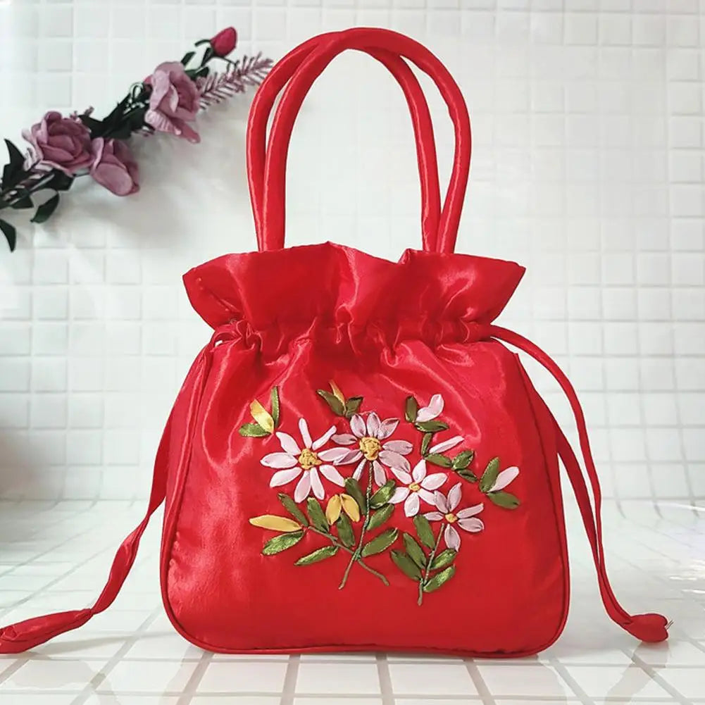 Women Bucket Bag Top Handle Ladies Handbag Phone Bag Summer Small Purse National Style Embroidered Flower Pattern Drawstring Bag
