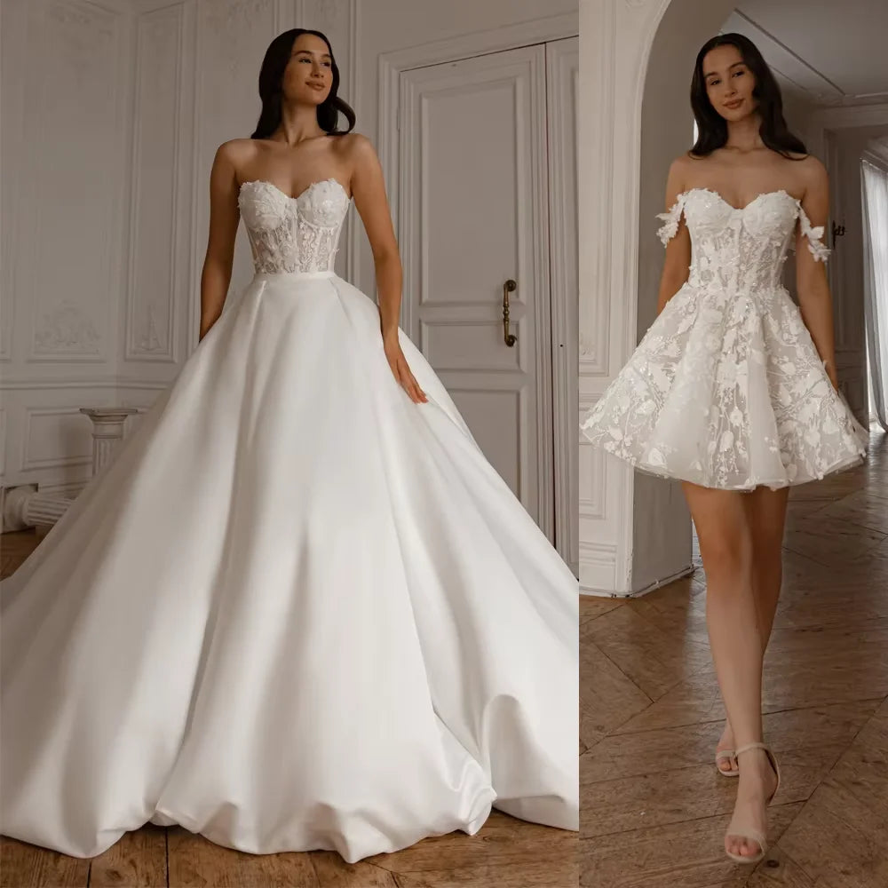 Customized Detachable Spaghetti Straps Wedding Dress 2 in 1 Lace Skirt Satin Ball Gown for Bride casamento Dress