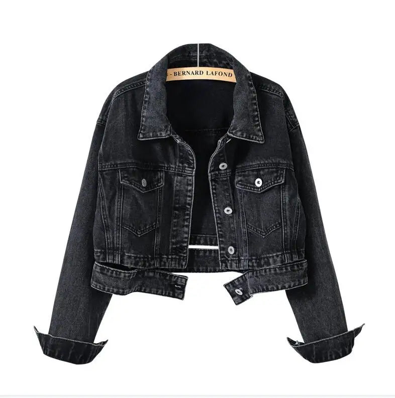 2026 Women's Blue Shorts Denim Jacket, Fashion Casual Coat Black Lapel Single-breasted Long-sleeved Female Overcoat S-XXXL