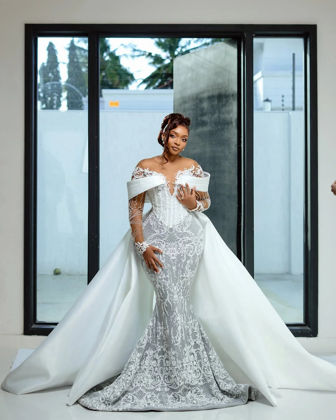 Off The Shoulder Mermaid Luxury Wedding Dresses Detachable Overskirt Long Lace Sleeves Bridal Dress Vestido De Novia Customized